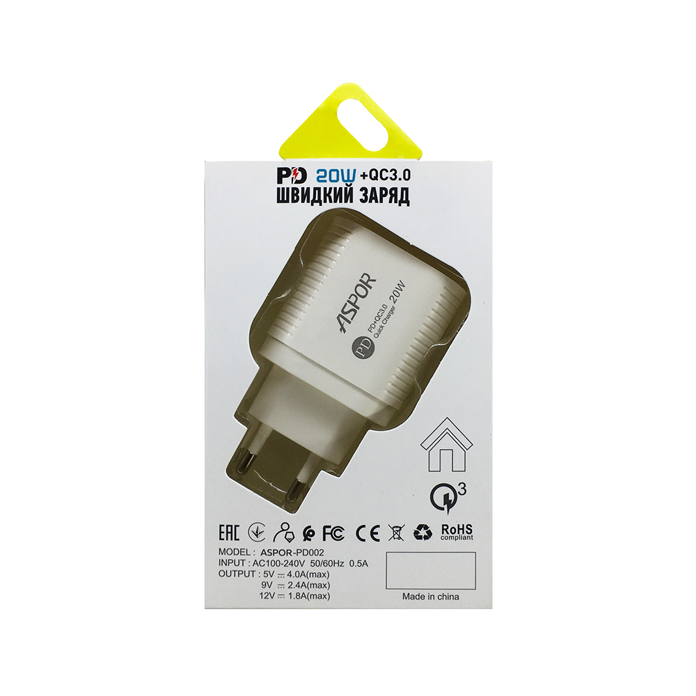 Мережевий зарядний пристрій Aspor PD002 Premium Series (USB-C/USB QC 3.0/PD 20W) + кабель USB – Lightning- білий