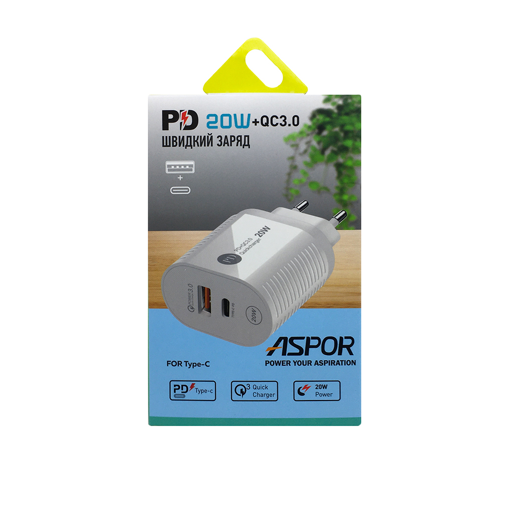 Мережевий зарядний пристрій Aspor PD002 Premium Series (USB-C/USB QC 3.0/PD 20W) + кабель USB – Type-C- білий