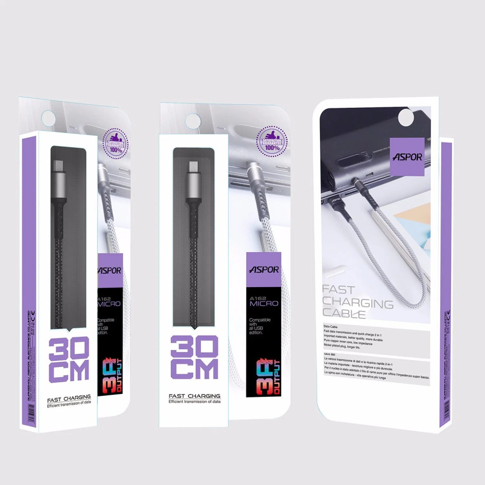 Кабель Aspor A162 Fast Charge USB – Micro (3A/0.3м)- графітовий