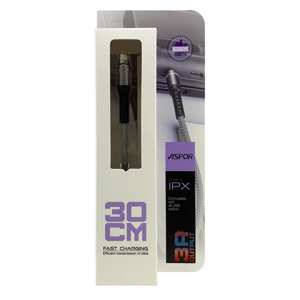 Кабель Aspor A163 Fast Charge USB – Lightning (3A/0.3м)- графітовий