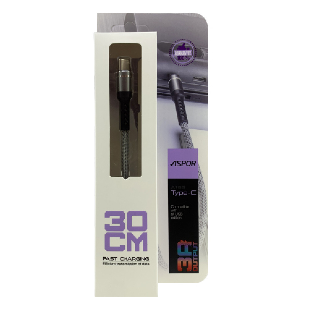 Кабель Aspor A165 Fast Charge USB – Type-C (3A/0.3м)- графітовий