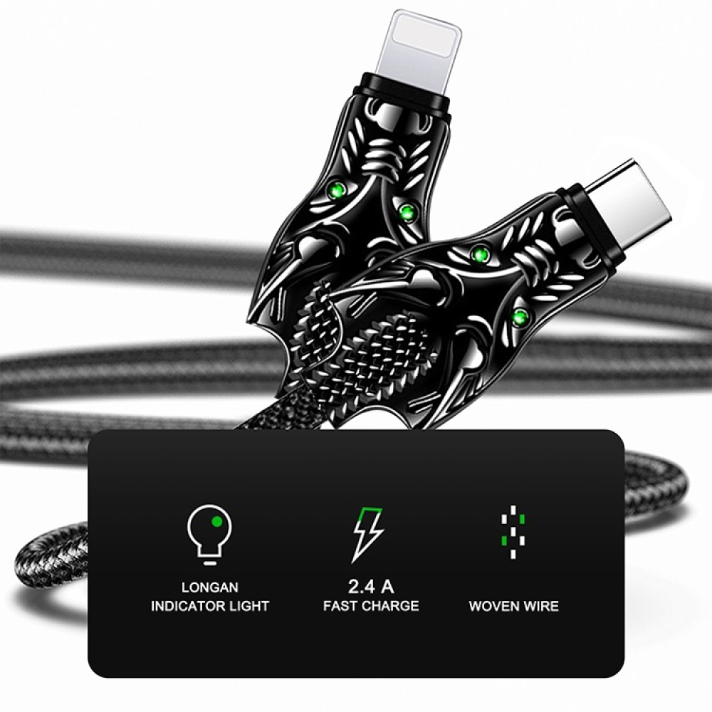 Кабель Aspor A197 Dragon Nylon LED USB – Type-C (2.4A/1м)- чорний