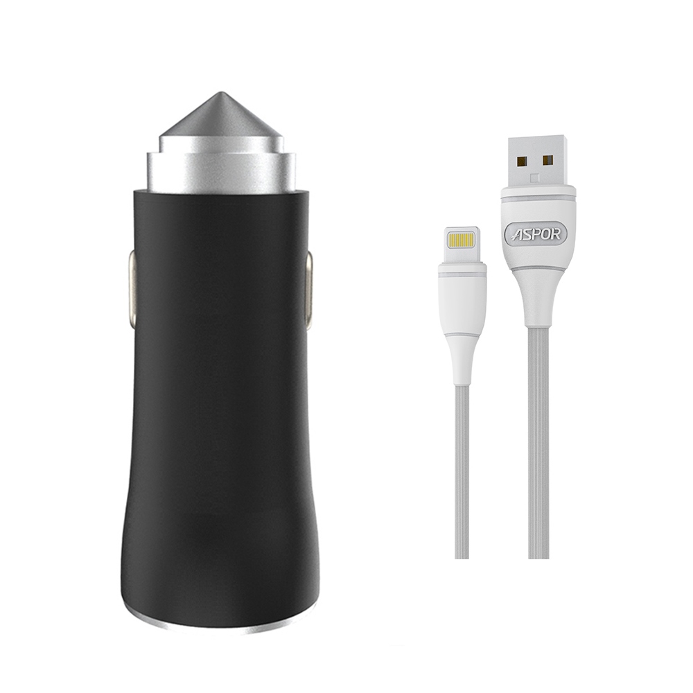 Автомобільний зарядний пристрій Aspor A918 Metal LED (2USB/3.4A) + кабель USB – Lightning- чорний