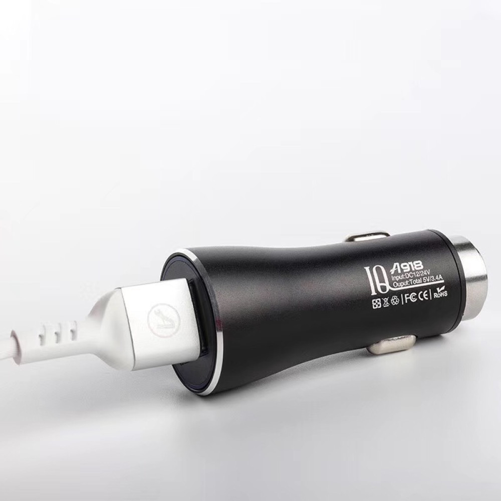 Автомобільний зарядний пристрій Aspor A918 Metal LED (2USB/3.4A) + кабель USB – Lightning- чорний