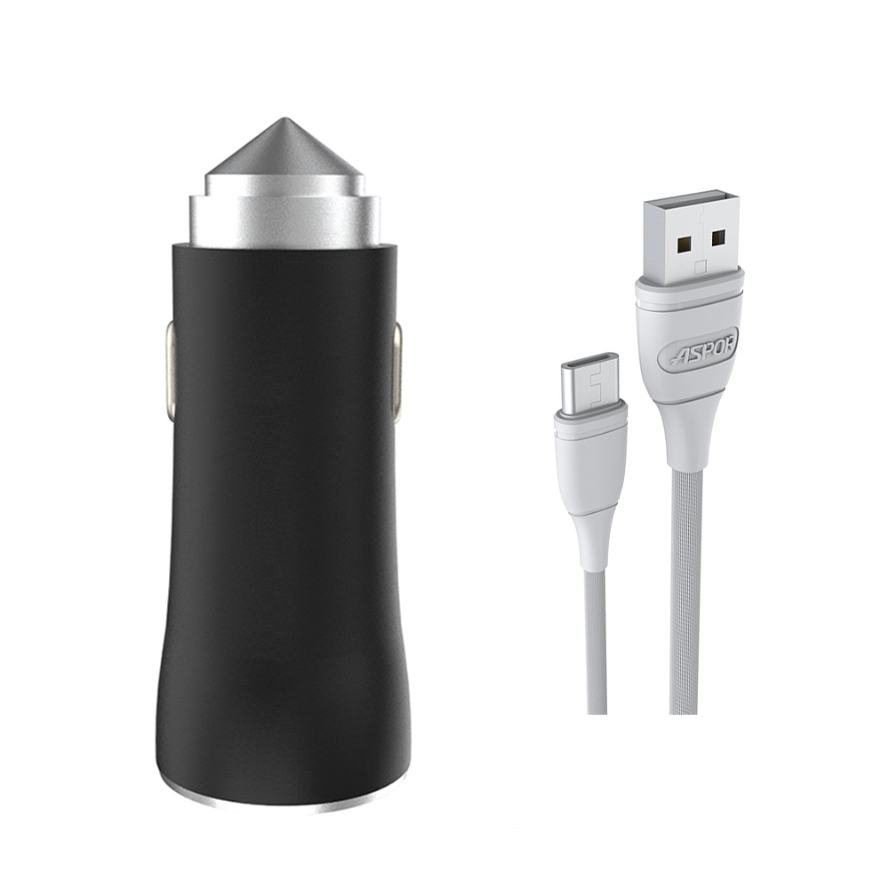 Автомобільний зарядний пристрій Aspor A918 Metal LED (2USB/3.4A) + кабель USB – Type-C- чорний