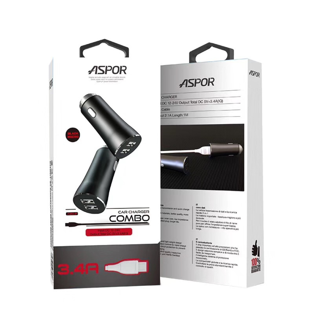 Автомобільний зарядний пристрій Aspor A918 Metal LED (2USB/3.4A) + кабель USB – Type-C- чорний