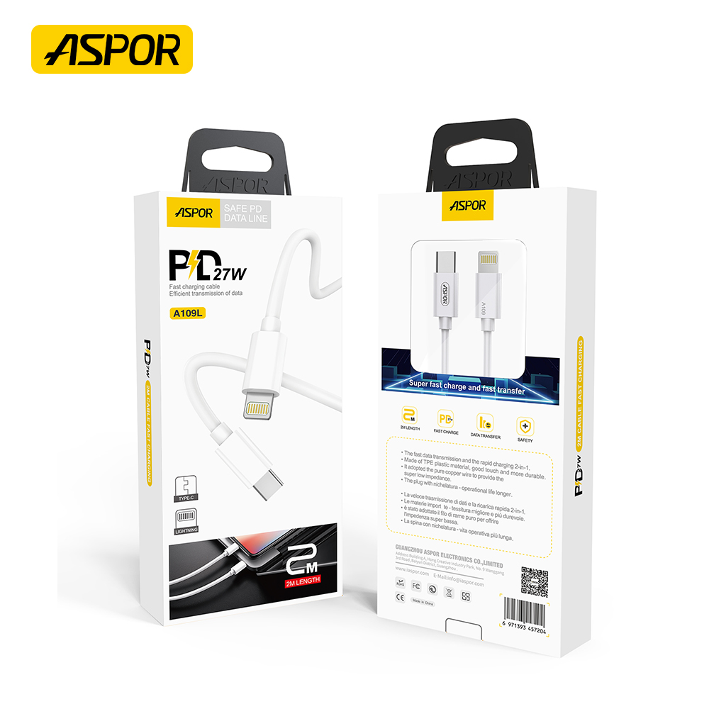 Кабель Aspor A109 PD Fast Charge Type-C – Lightning 27W/1м- білий