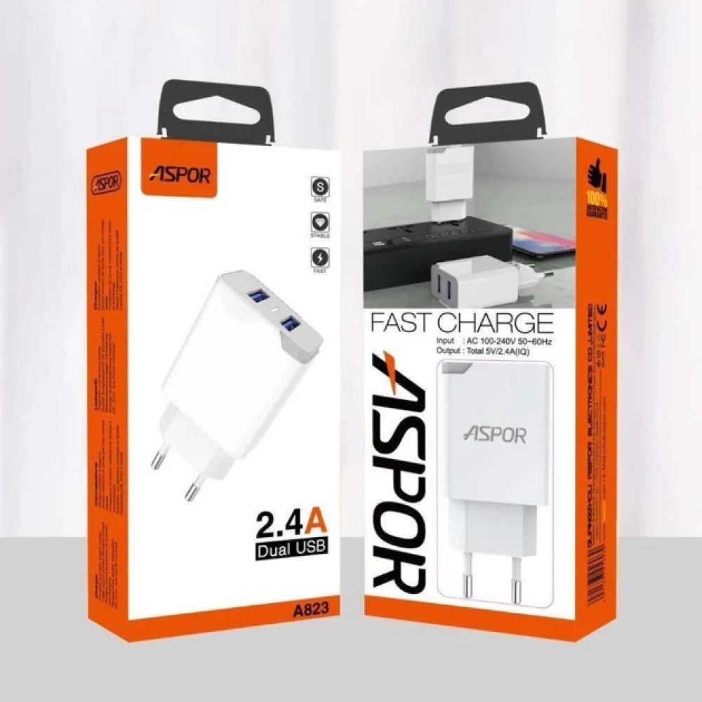 Мережевий зарядний пристрій Aspor A823 Fast Charger (2USB/2.4A)- білий
