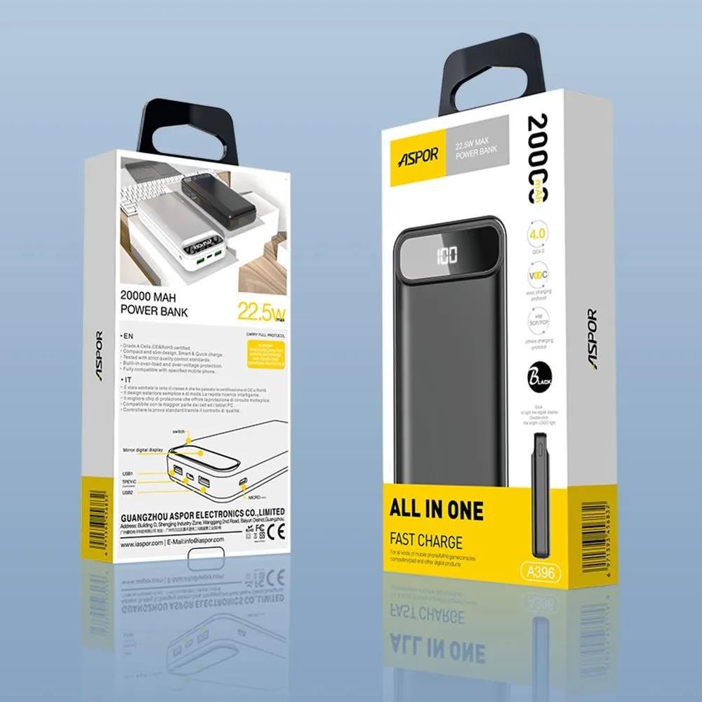 Портативний зарядний пристрій (Повербанк) Aspor A396 PD 20000 mAh- чорний