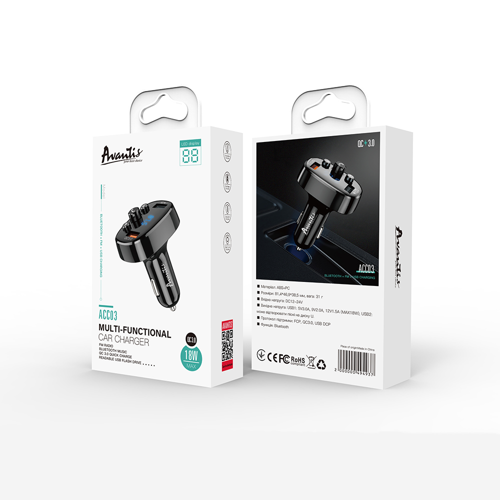 Bluetooth FM модулятор (трансмітер) Avantis ACC03 18W/QC3.0- чорний