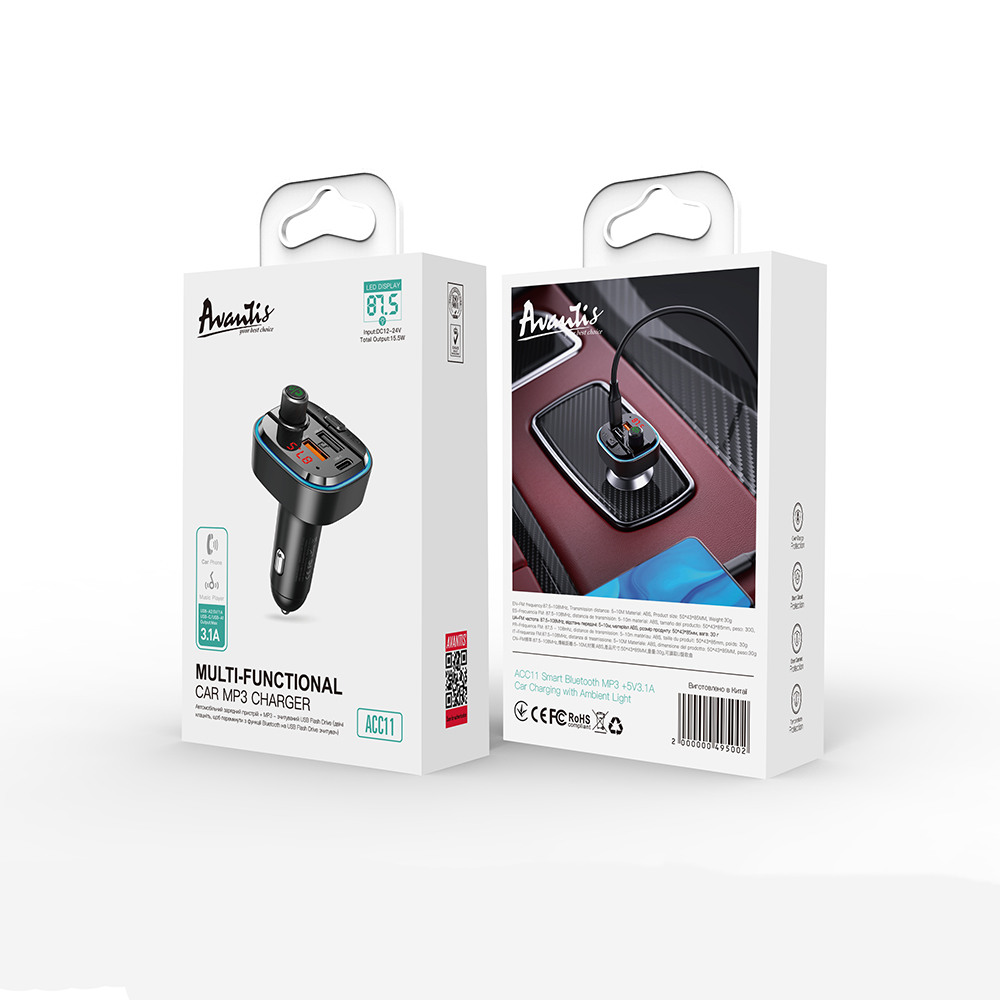 Bluetooth FM модулятор (трансмітер) Avantis ACC11 5V/3.1A- чорний