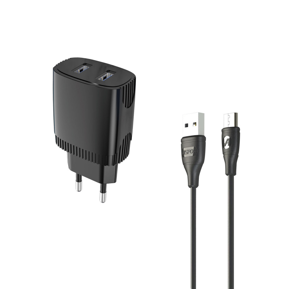 Мережевий зарядний пристрій Aspor A811 (2USB/2.4A) + USB кабель Micro- чорний
