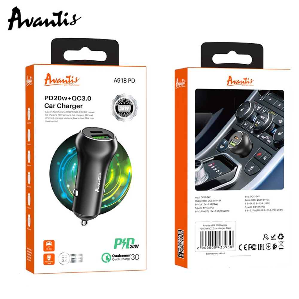 Автомобільний зарядний пристрій Avantis A918PD Resolute ( QC3.0/PD20W/38W)- чорний