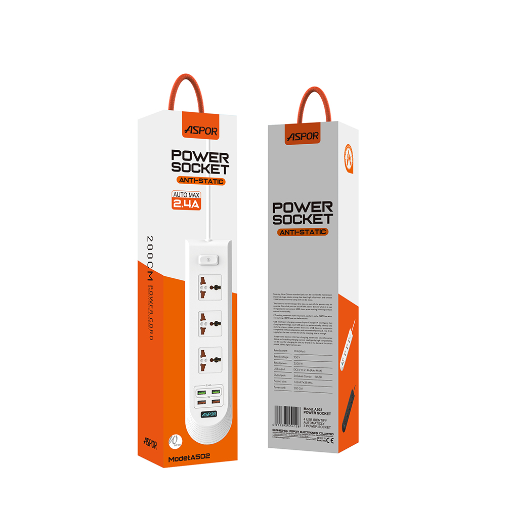 Мережевий фільтр Aspor A502 Auto Max (2.4A) 2м- чорний