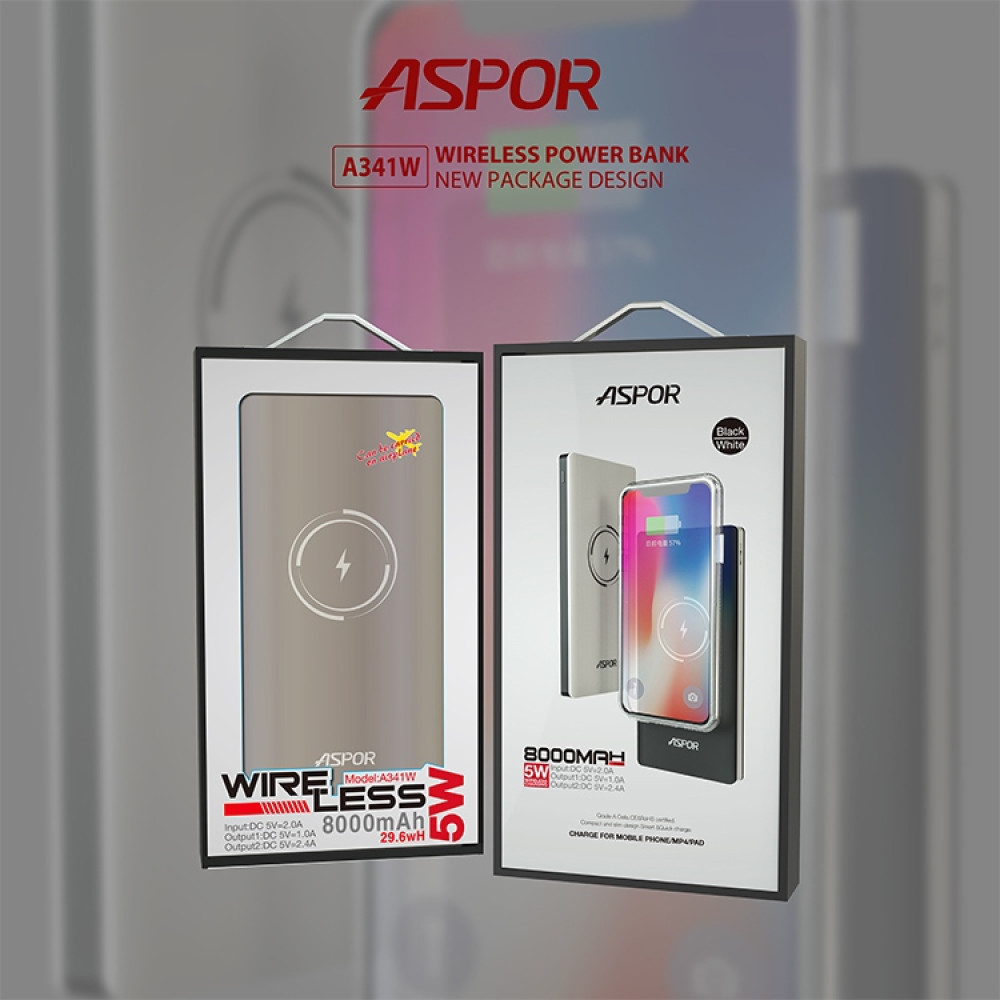 Портативний зарядний пристрій (Повербанк) Aspor A341W 8000 mAh- біло-чорний