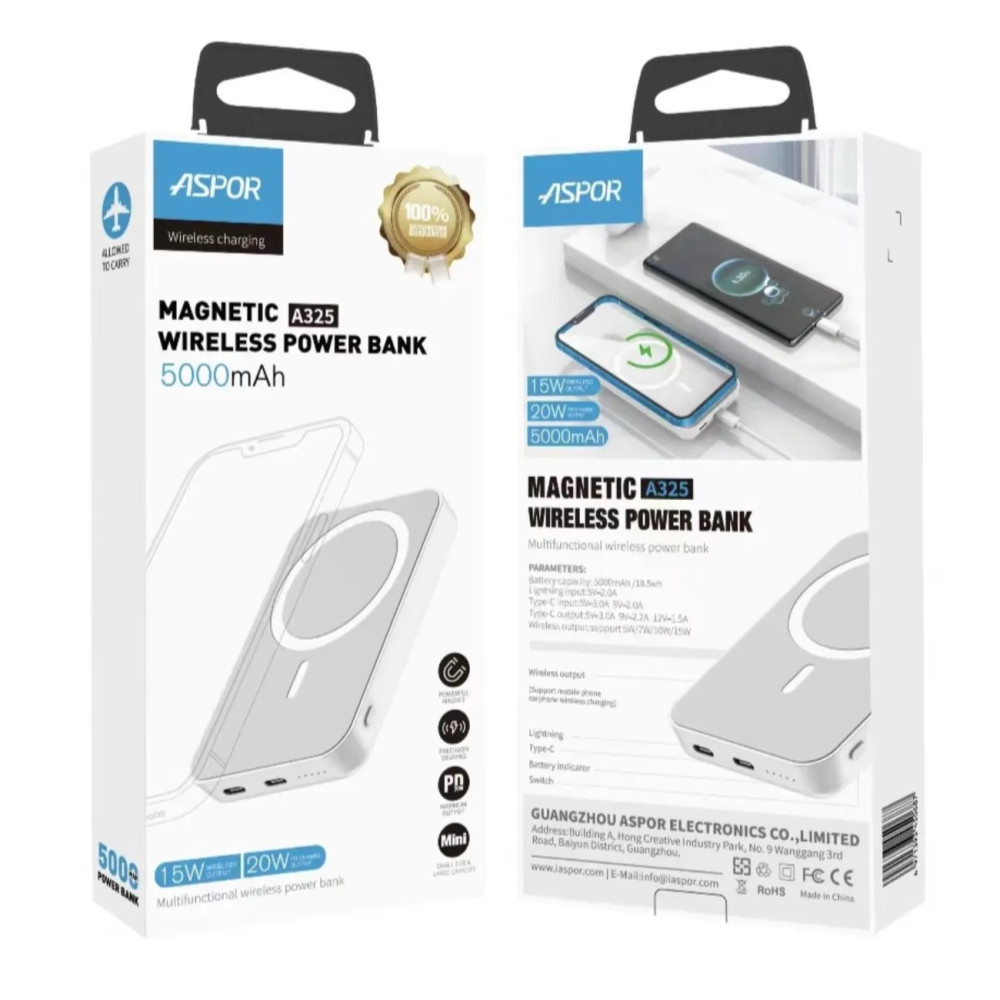 Портативний зарядний пристрій (Повербанк) Aspor A325 MagSafe Battery Pack 5000 mAh (Type-C/Lightning/20W)- білий