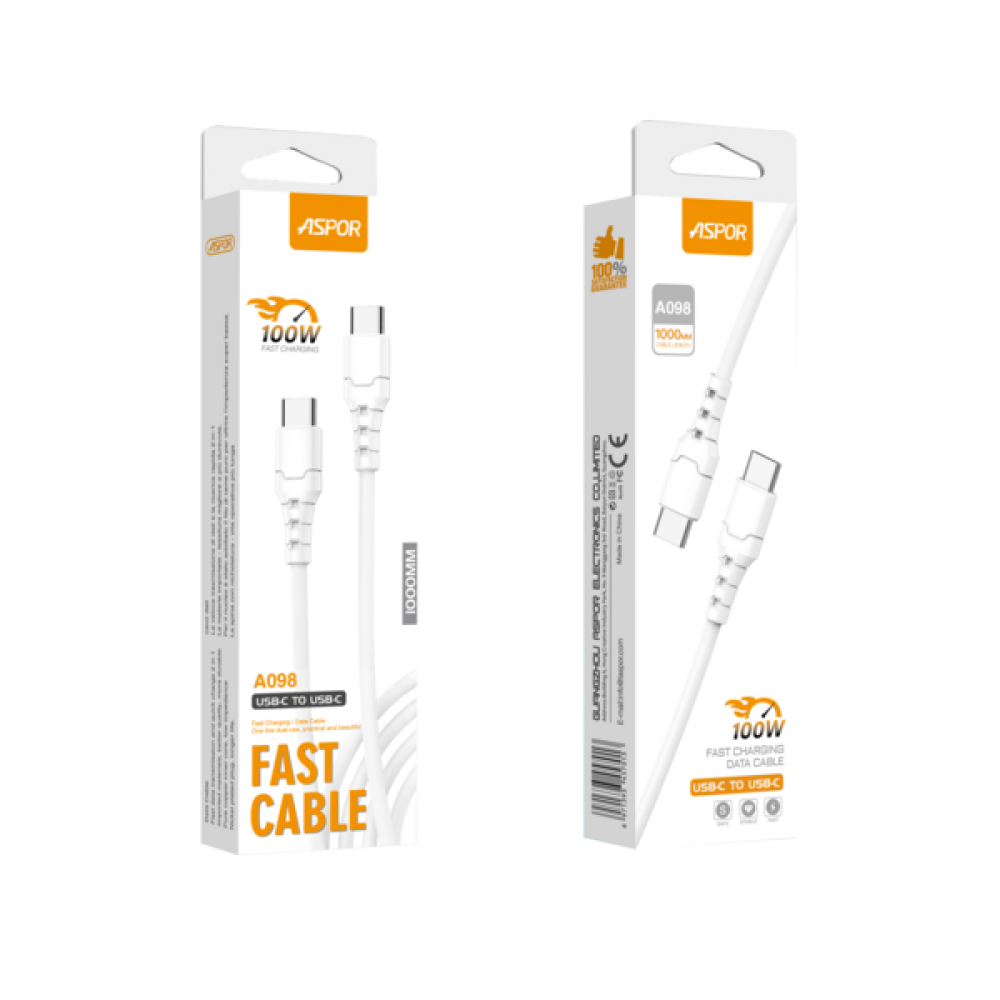 Кабель Aspor A098 PD Fast Charge Type-C - Type-C 100W/1м- білий