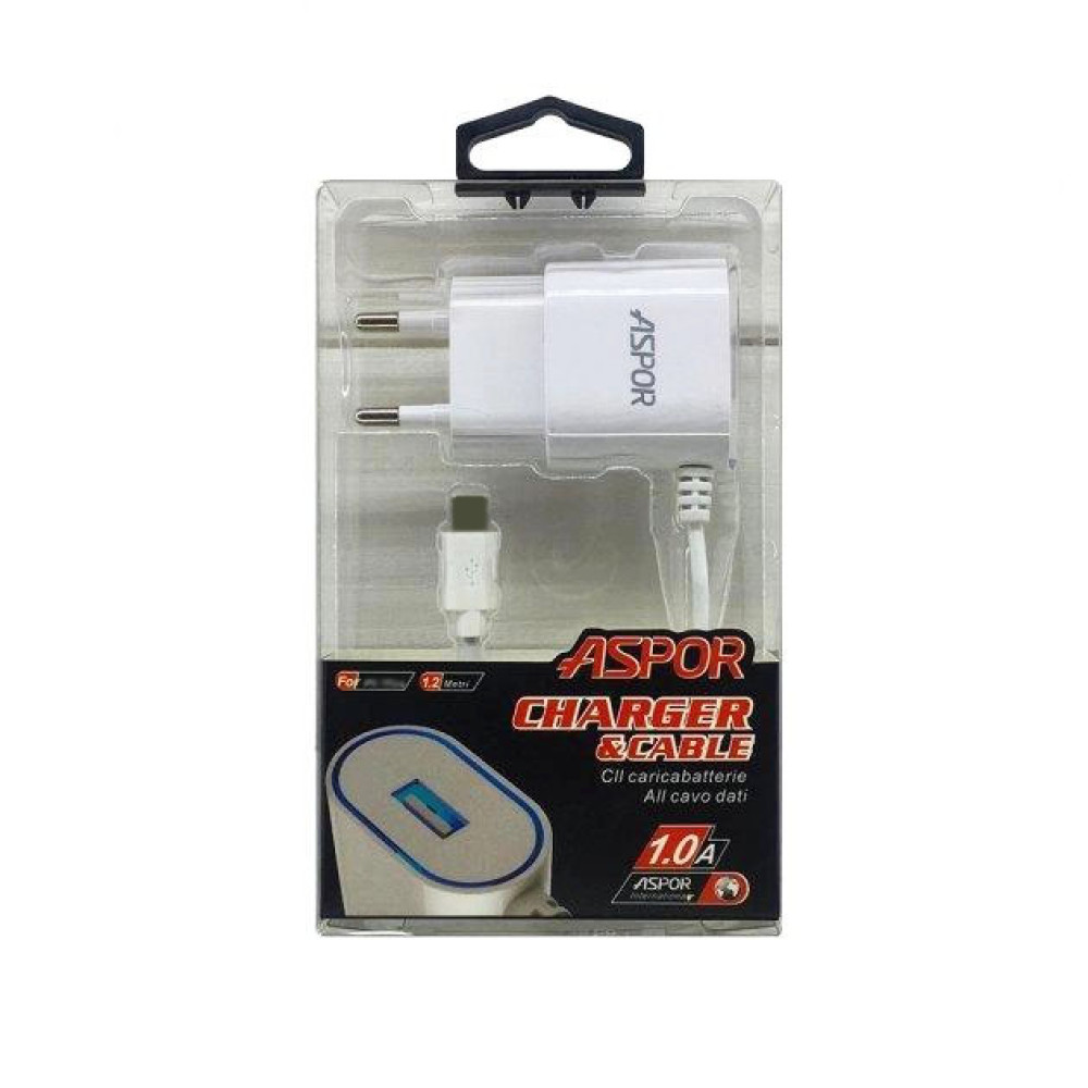 Мережевий зарядний пристрій Aspor A802 (1USB/1A) LED + USB кабель Type-C- білий