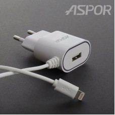 Мережевий зарядний пристрій Aspor A802 Plus (1USB/2.4A) LED + USB кабель Lightning- білий