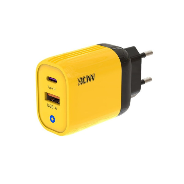 Мережевий зарядний пристрій ADC-PD004 30W (USB/Type-C/3A)- жовтий Мережевий зарядний пристрій ADC-PD004 30W (USB/Type-C/3A)- жовтий