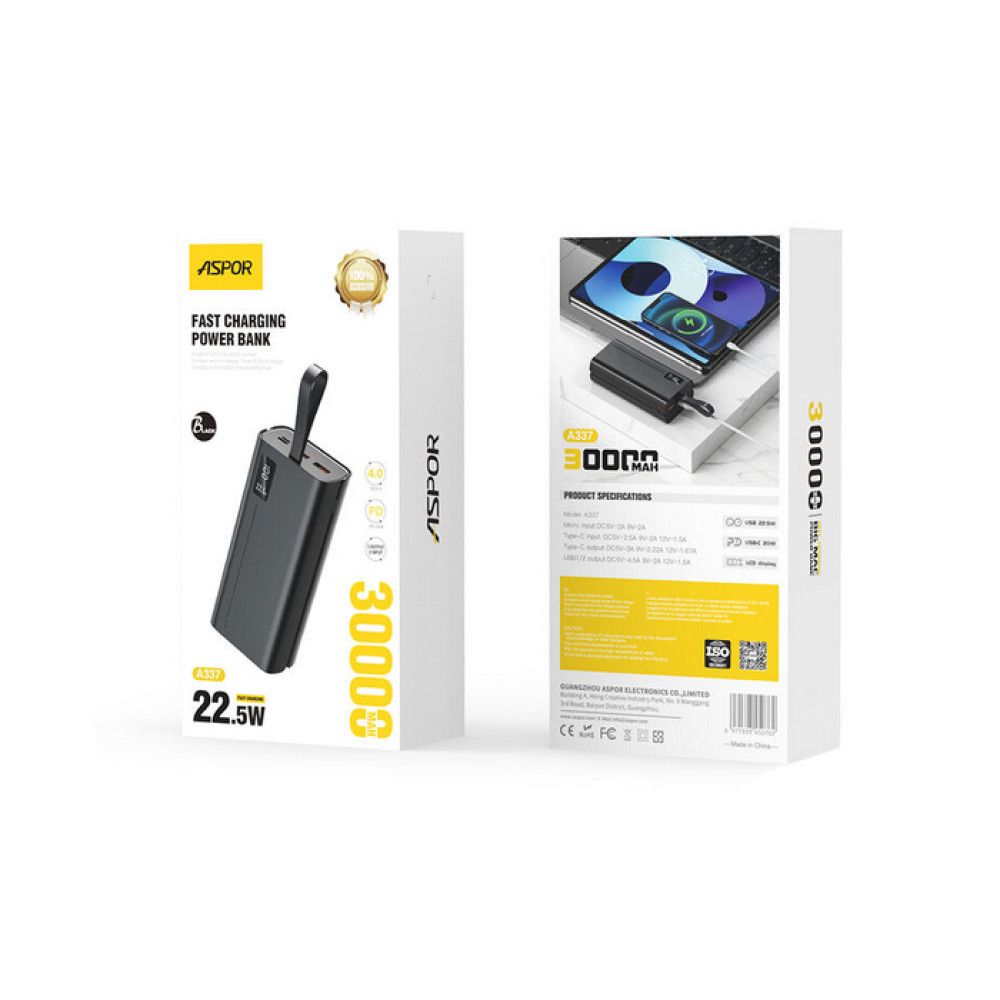 Портативний зарядний пристрій (Повербанк) A337 30000mAh Fast Charge (2USB/Type-C/Micro/22.5W)- чорний