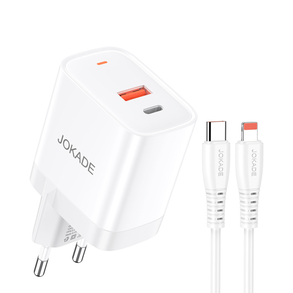 Мережевий зарядний пристрій Jokade JB082 (USB/USB-C/30W/QC3.0) + кабель Type-C – Lightning- білий