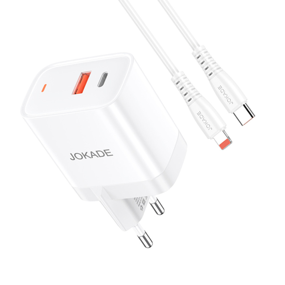 Мережевий зарядний пристрій Jokade JB082 (USB/USB-C/30W/QC3.0) + кабель Type-C – Lightning- білий