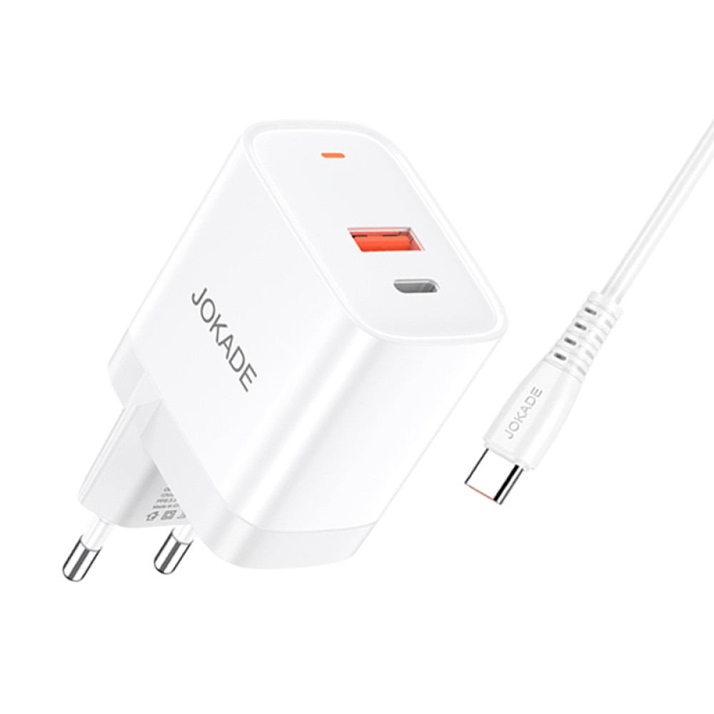 Мережевий зарядний пристрій Jokade JB082 (USB/USB-C/30W/QC3.0) + кабель Type-C – Type-C- білий
