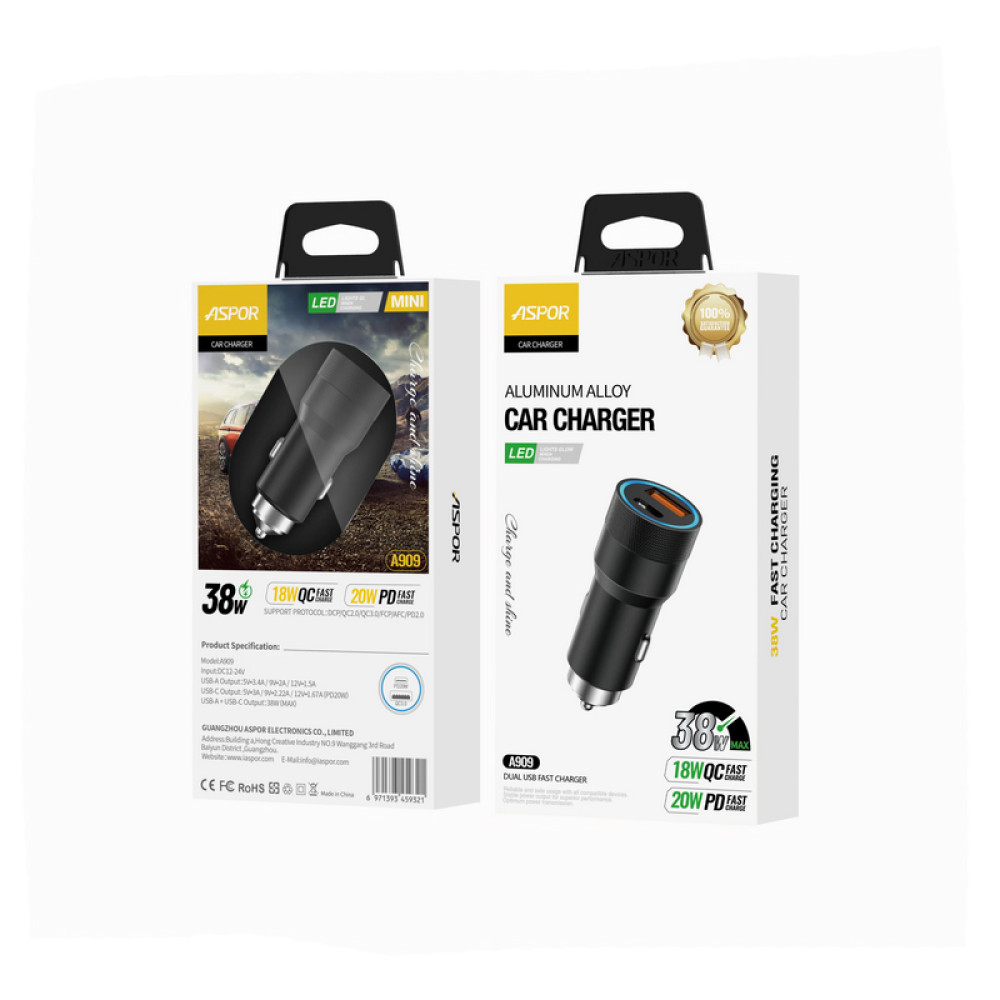 Автомобільний зарядний пристрій Aspor A909 PD Metal (USB/USB-C/3.4A/38W) LED + кабель Type-C – Lightning- чорний