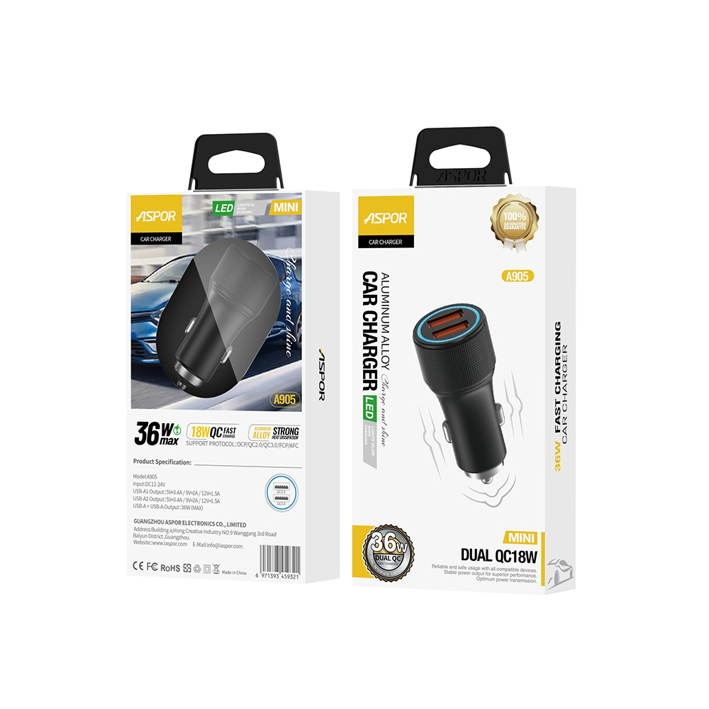 Автомобільний зарядний пристрій Aspor A905 (2USB/3A/36W) + USB кабель Type-C- графіт