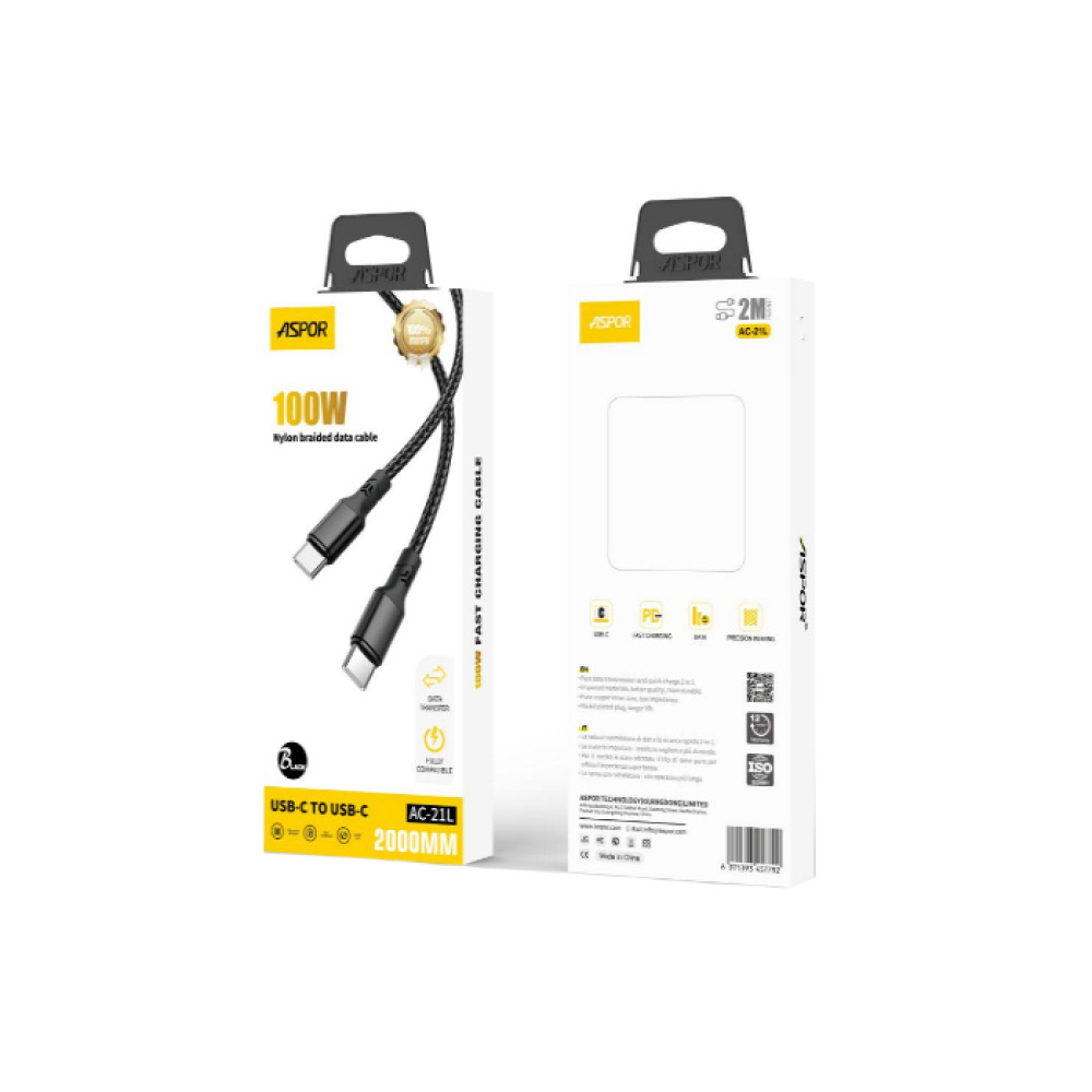 Кабель Aspor AC-21L Nylon Cable Type-C – Type-C 100W/2м- чорний