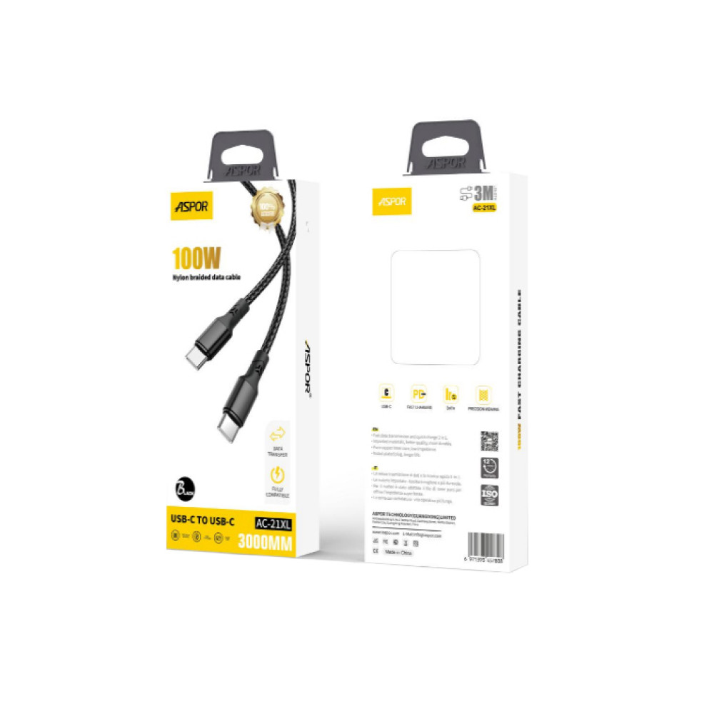 Кабель Aspor AC-21XL Nylon Cable Type-C - Type-C 100W/3м- чорний