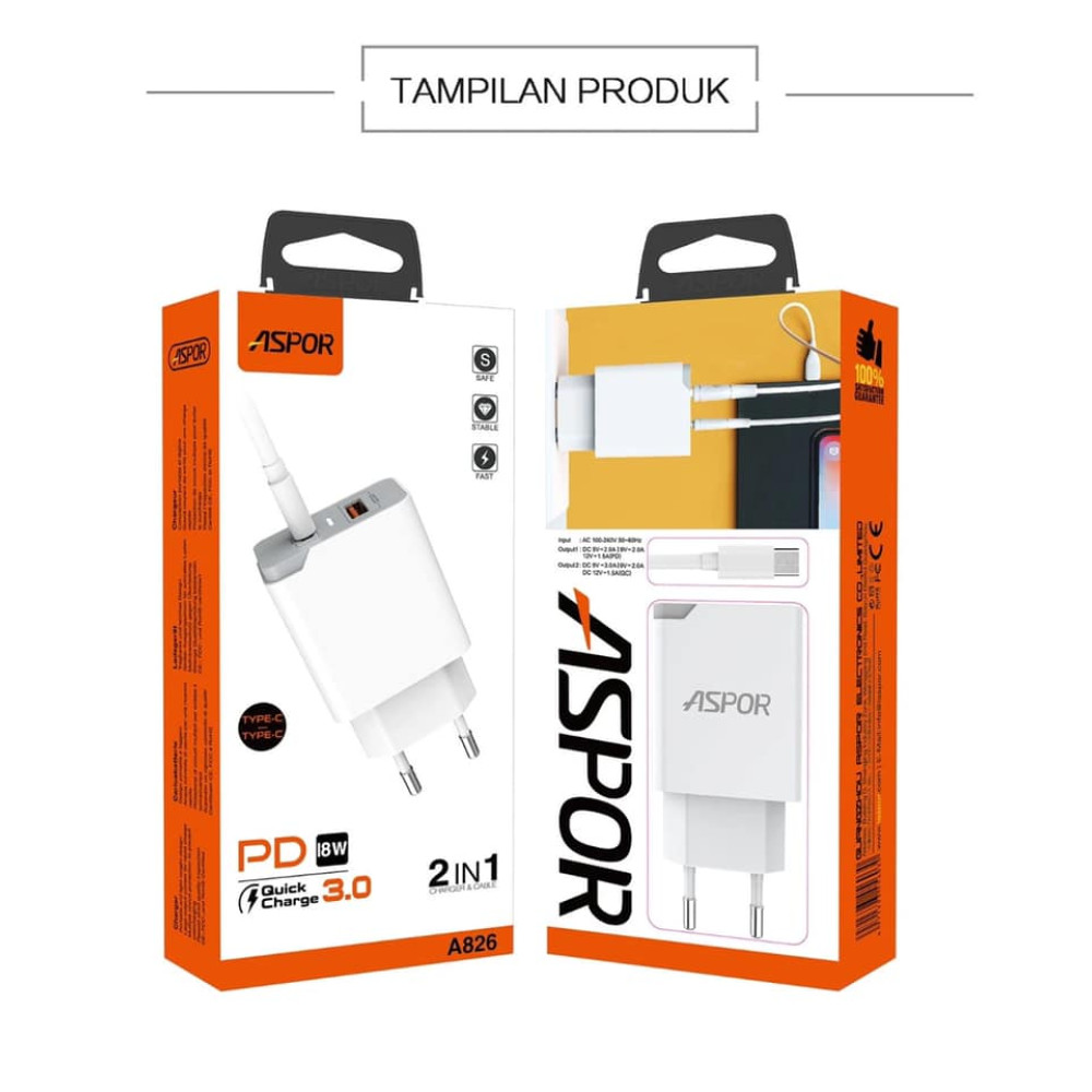 Мережевий зарядний пристрій Aspor A826 PD (20W/USB/Type-C) + кабель USB – Micro- білий