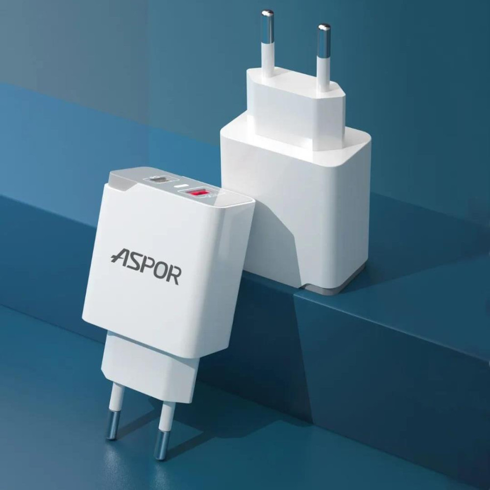 Мережевий зарядний пристрій Aspor A826 PD (20W/USB/Type-C) + кабель USB – Micro- білий