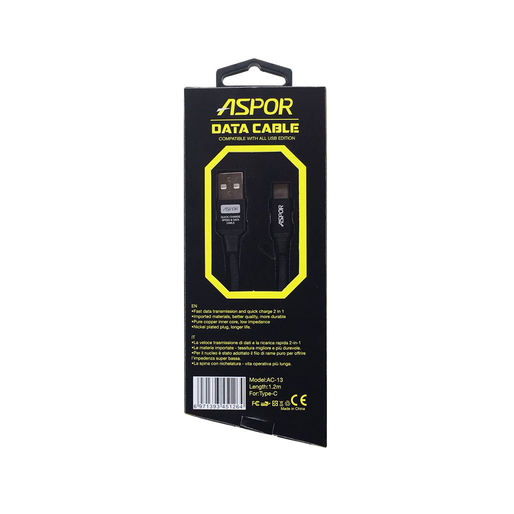 Кабель Aspor AC-13t USB – Type-C 2.4A/1.2м- чорний