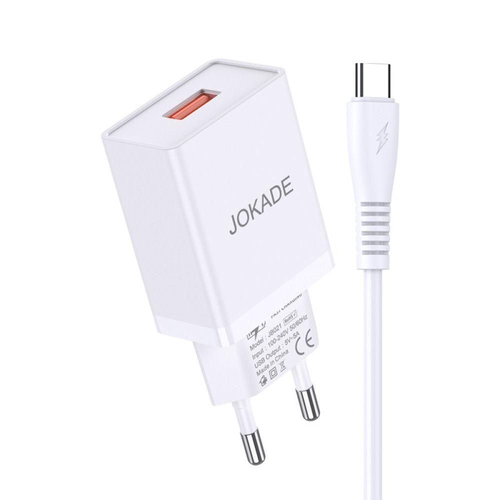 Мережевий зарядний пристрій Jokade JB022 (USB/5A) + кабель Type-C- білий
