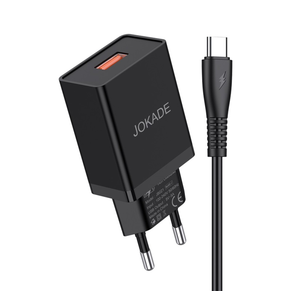 Мережевий зарядний пристрій Jokade JB022 (USB/5A) + кабель Type-C- чорний