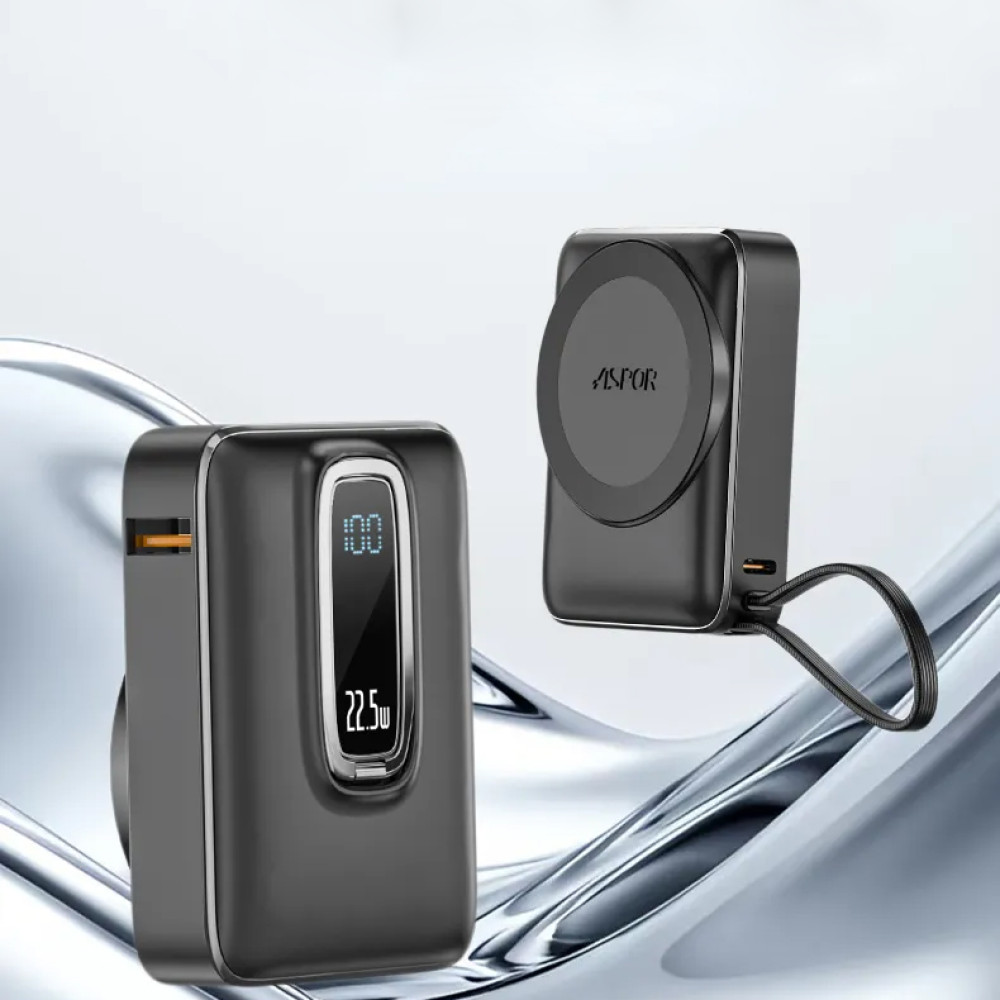 Портативний зарядний пристрій (Повербанк) Aspor A313 Magnetic Wireless 10000mAh (USB/Type-C/22.5W)- чорний
