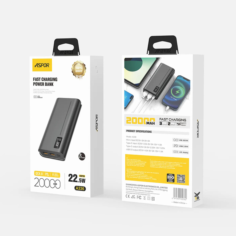 Портативний зарядний пристрій (Повербанк) Aspor A336 20000mAh Fast Charge (2USB/Type-C/Micro/22.5W)- чорний