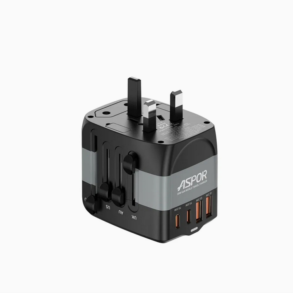 Мережевий зарядний пристрій Aspor A892 Multifunction Travel Adapter EU/UK/US/AU (2USB-C/2USB-A/20W)- чорний