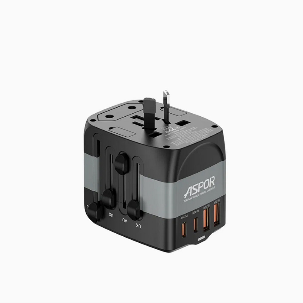 Мережевий зарядний пристрій Aspor A892 Multifunction Travel Adapter EU/UK/US/AU (2USB-C/2USB-A/20W)- чорний