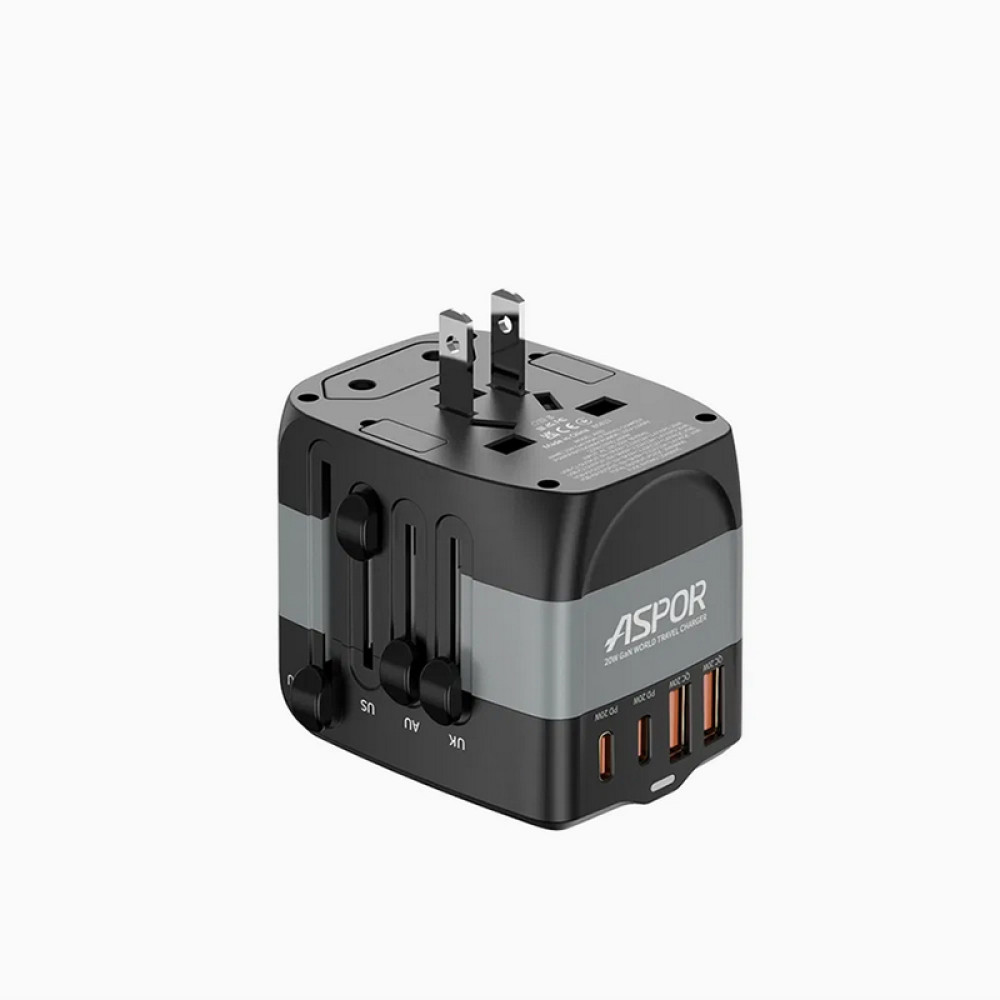 Мережевий зарядний пристрій Aspor A892 Multifunction Travel Adapter EU/UK/US/AU (2USB-C/2USB-A/20W)- чорний