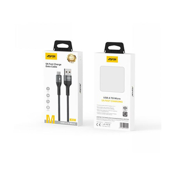 USB кабель Aspor AC-51 Micro Nylon Braided Fast Charge 5A/1м- темно-сірий USB кабель Aspor AC-51 Micro Nylon Braided Fast Charge 5A/1м- темно-сірий