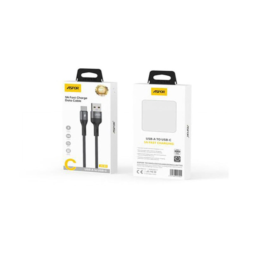 USB кабель Aspor AC-53 Type-C Nylon Braided Fast Charge 5A/1м- темно-сірий