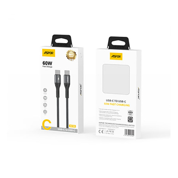 Кабель Aspor AC-55 Nylon Braided Fast Charge Type-C - Type-C 60W/1м- темно-сірий Кабель Aspor AC-55 Nylon Braided Fast Charge Type-C - Type-C 60W/1м- темно-сірий