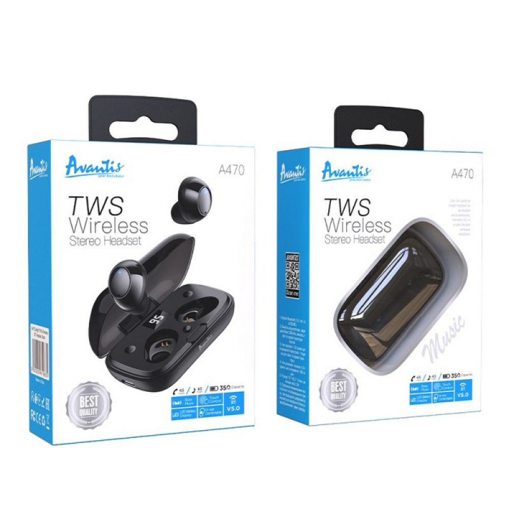 Bluetooth навушники Avantis A470 TWS- чорний