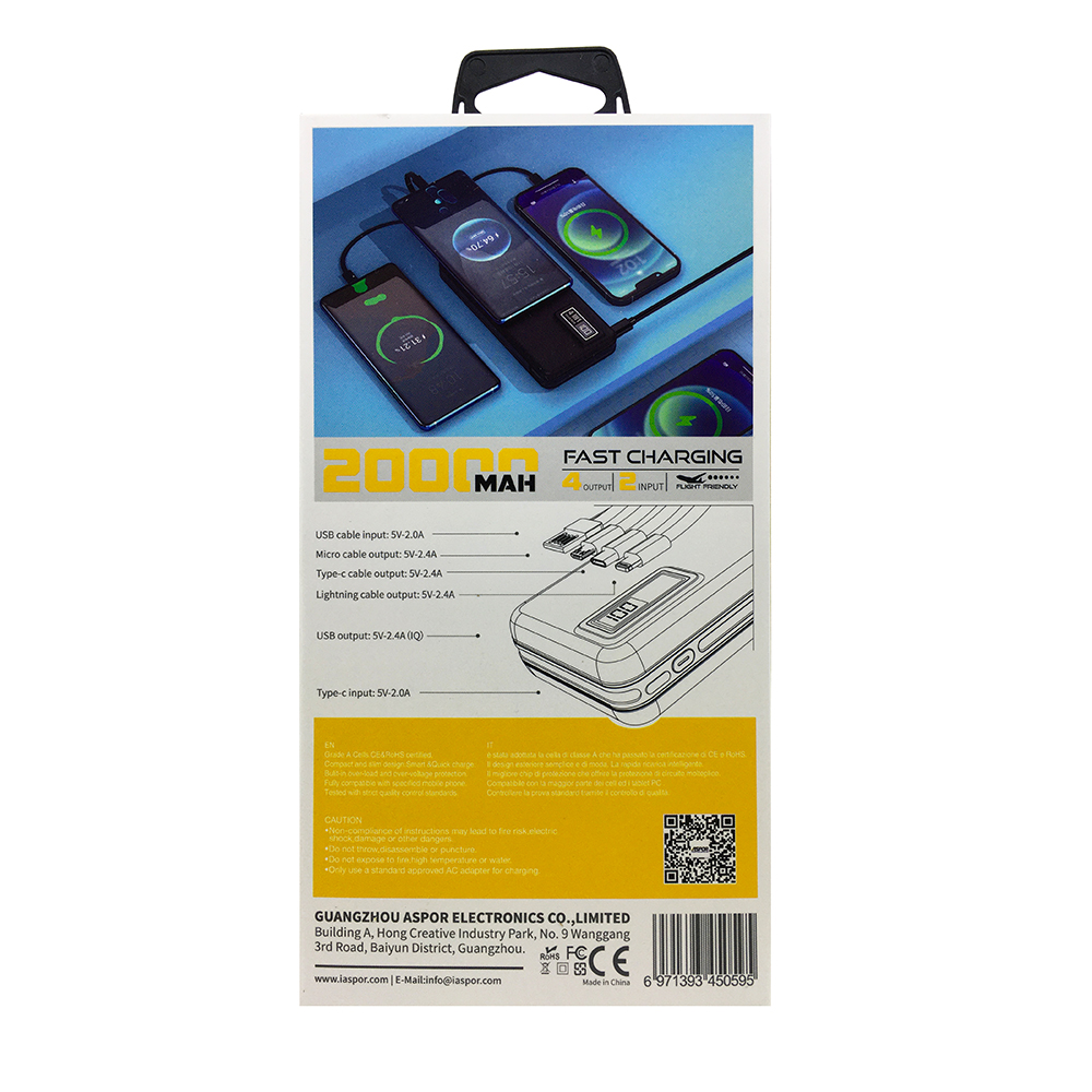 Портативний зарядний пристрій (Повербанк) Aspor A301 4in1 Fast Charge 20000 mAh- чорний