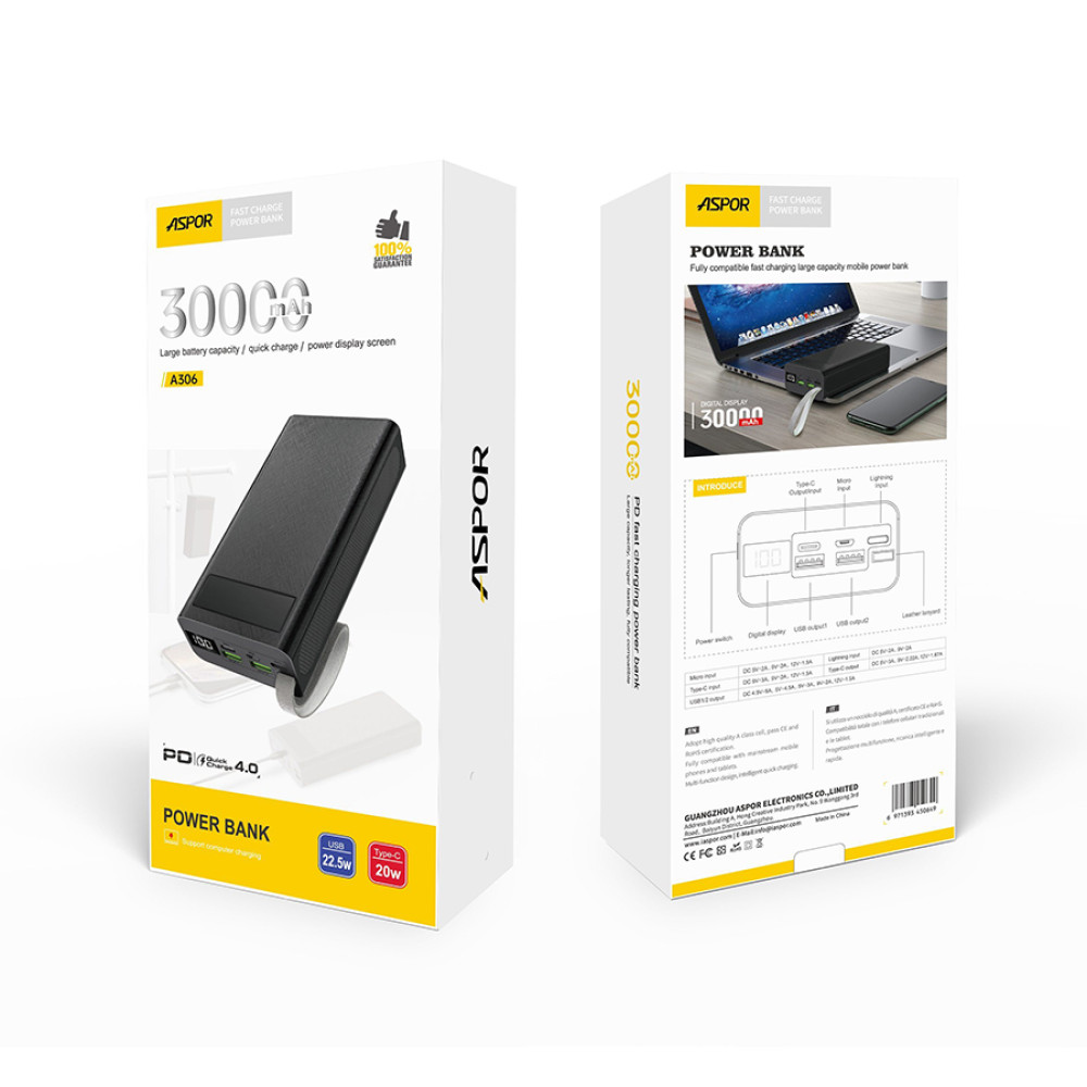 Портативний зарядний пристрій (Повербанк) Aspor A306 Fast Charge 30000 mAh- чорний