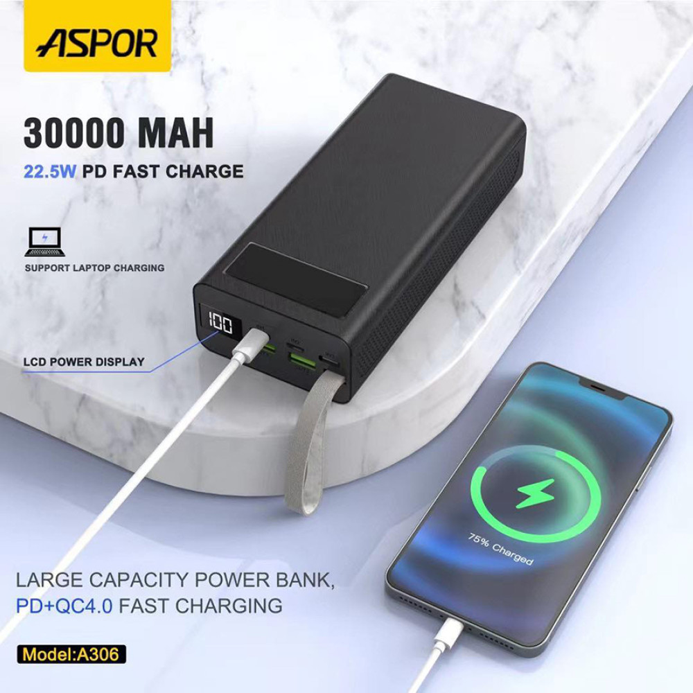 Портативний зарядний пристрій (Повербанк) Aspor A306 Fast Charge 30000 mAh- чорний