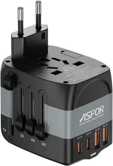 Мережевий зарядний пристрій Aspor A892 Multifunction Travel Adapter EU/UK/US/AU (2USB-C/2USB-A/20W)- чорний